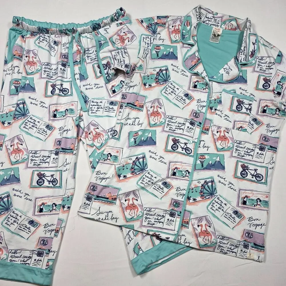 Munki Munki Bon Voyage Pajama Set Women’s Large Button Front Travel Print